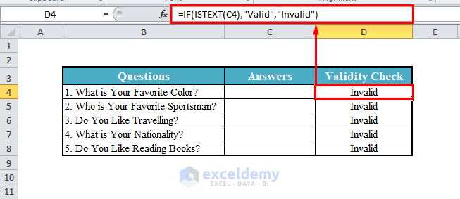 ISTEXT Function with Validity Check of Answers