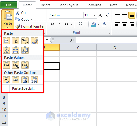 Paste Menu Options in Excel