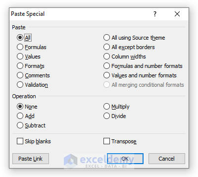 Paste Special Dialogue Box to Copy and Paste in Excel Without Changing the Format