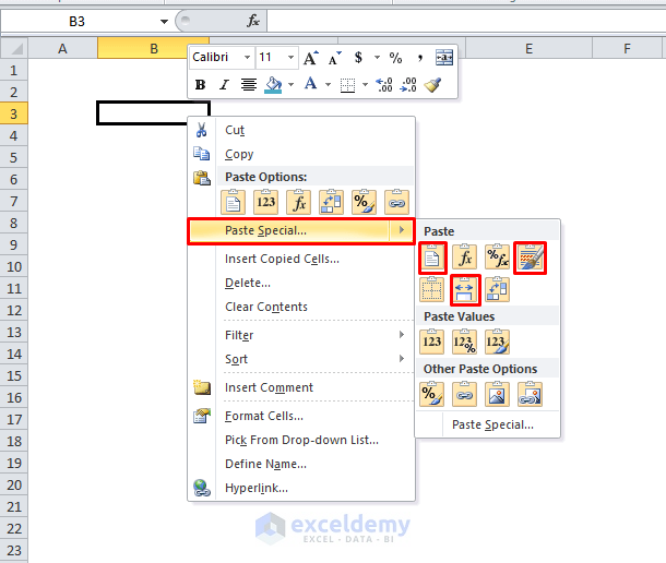 Paste Special Options from Right Click to Copy and Paste in Excel Without Changing the Format