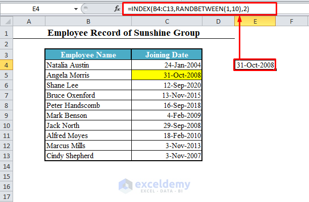 RANDBETWEEN with INDEX in Excel