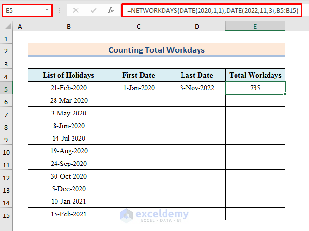 Count Total Workdays Between Two Dates in Excel