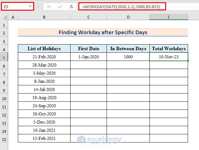 Find Workday after Specific Number of Days in Excel