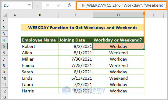 WEEKDAY Function to Get Weekdays and Weekends
