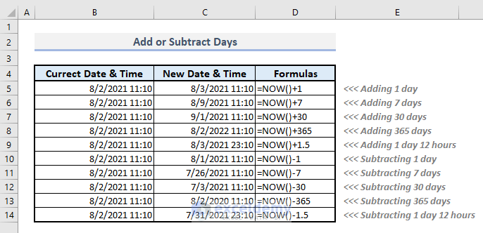 add or subtract days with now function in excel