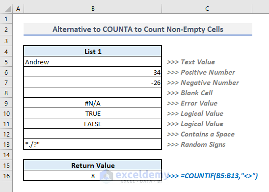 alternative to counta function countif in excel