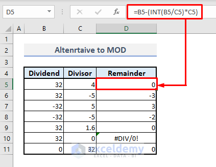 alternative to mod function in excel to find remainder