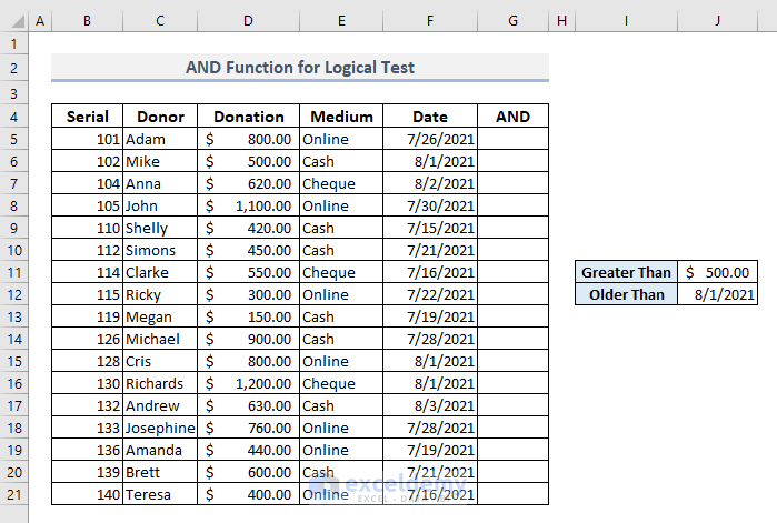 and function for logical test in excel