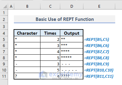 basic use of rept function in excel