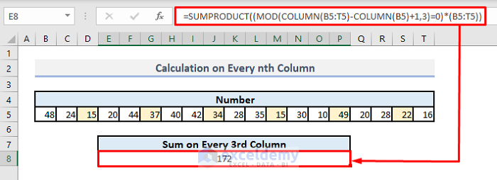 calculation on every nth column with mod function in excel