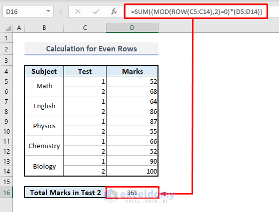 calculation on the even rows with mod function in excel