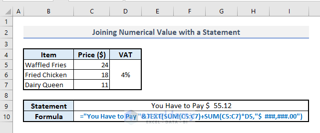 connecting numerical value with a statement with text function in excel
