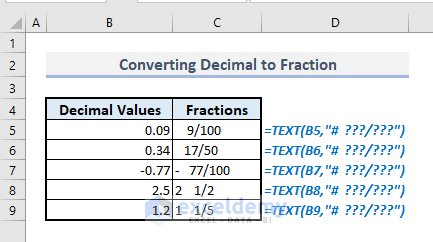 converting decimal to fraction with text function in excel