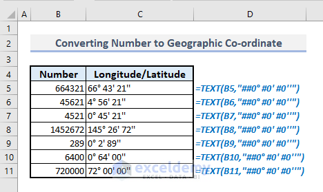 converting number to geographic coordinate with text function in excel