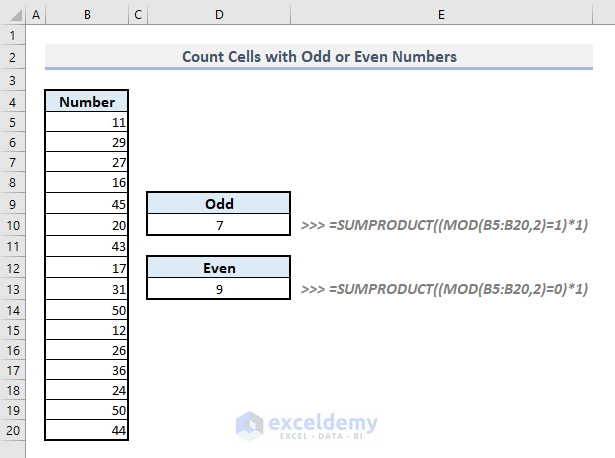 count cells containing odd or even numbers with mod function in excel