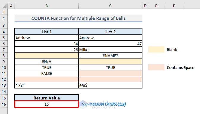 counta function for multiple range of cells in excel