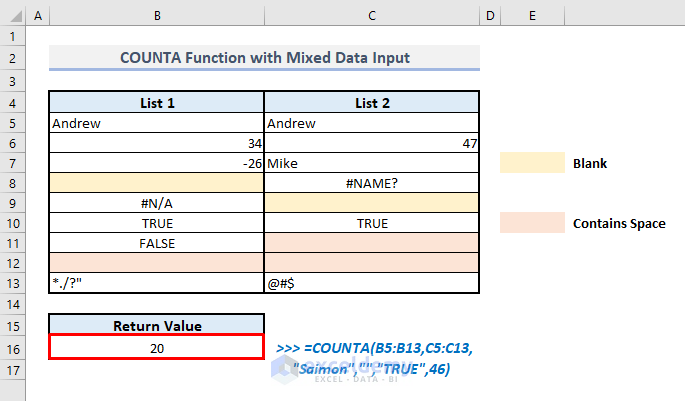 counta function with mixed data input in excel