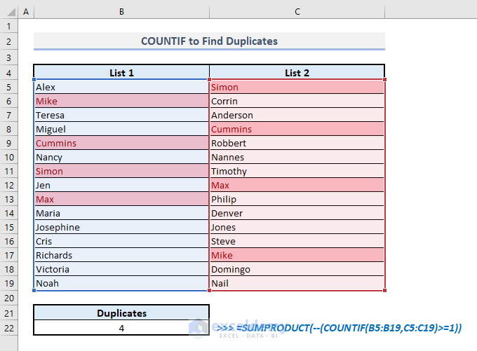 countif to count duplicate values in two columns in excel