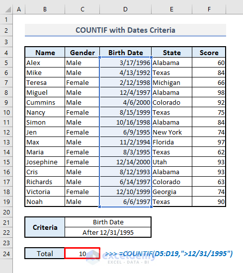 countif with dates criteria in excel