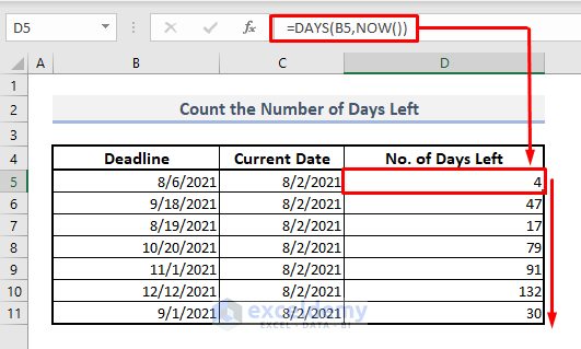 count number of days left with now days functions in excel