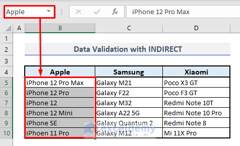 data validation with indirect function in excel