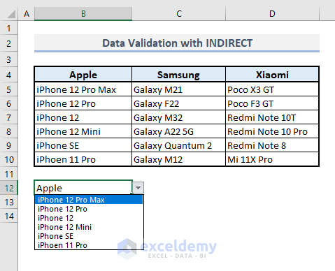 data validation with indirect function in excel