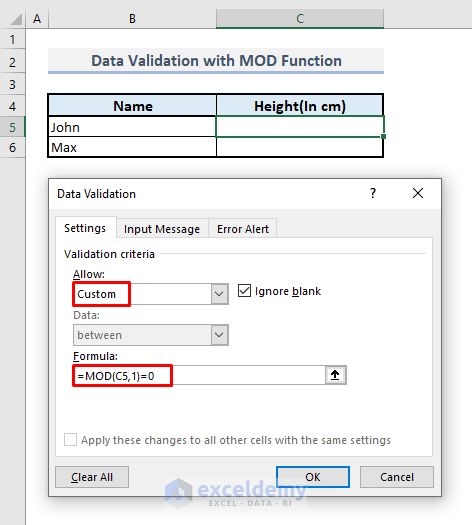 data validation with mod function in excel