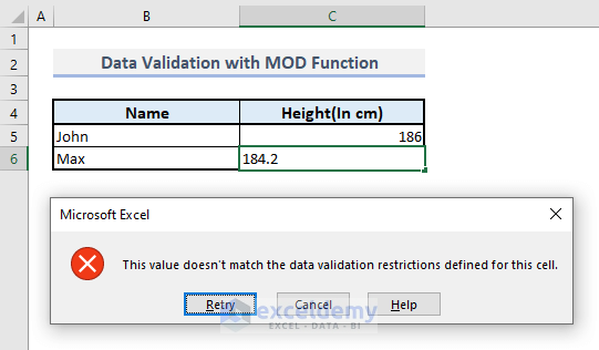 data validation with mod function in excel