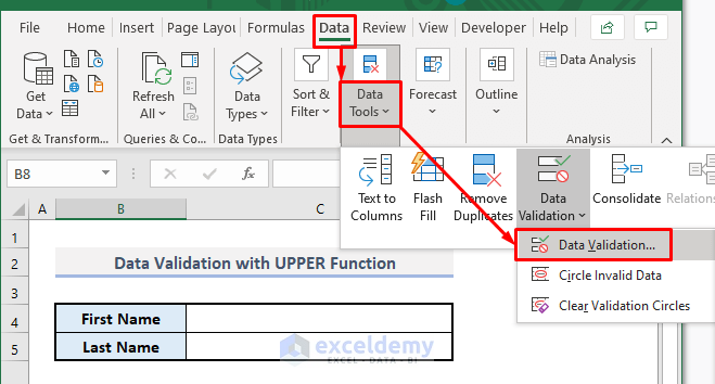 data validation with upper function in excel