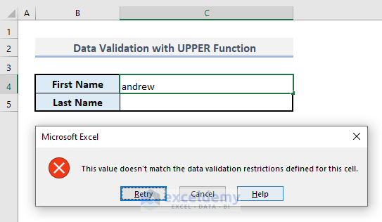 data validation with upper function in excel