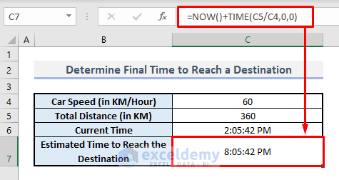 find out destination or final time with now function in excel