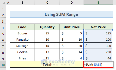 using sum function in excel for a range