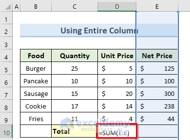sum function in excel using entire column