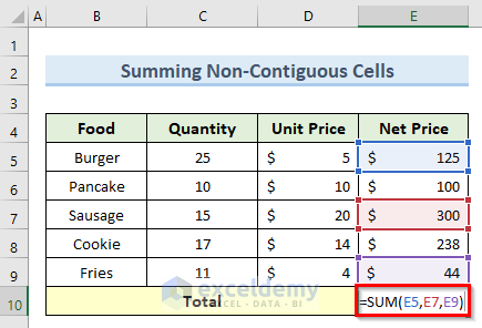 using sum function in excel for non-contiguous cells