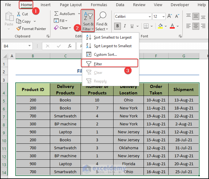 Use the Filter command from the Home tab to filter on multiple columns independently in Excel
