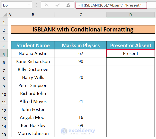 writing formula to illustrate excel isblank function