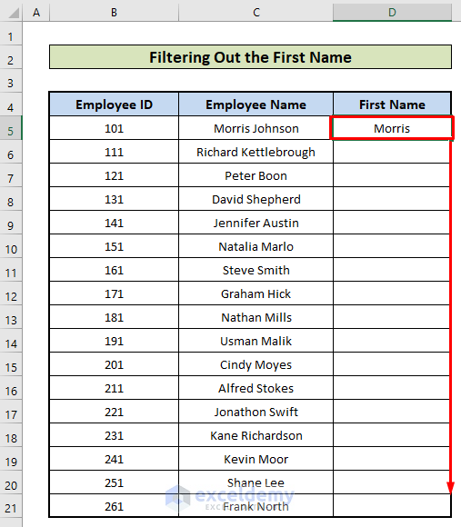 Filtering out of first name of excel search function