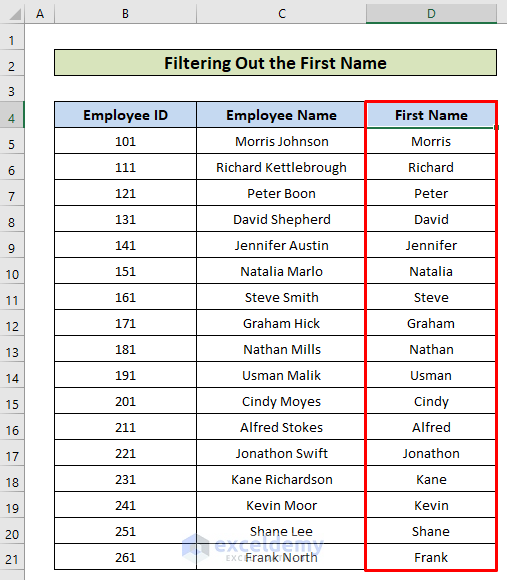 Filtering out of first name of excel search function