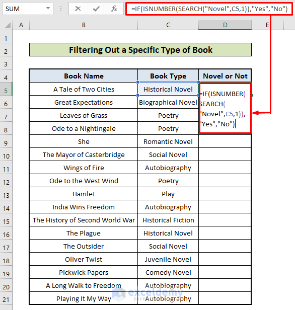 Dataset of Filtering out a specific type of book of excel search function