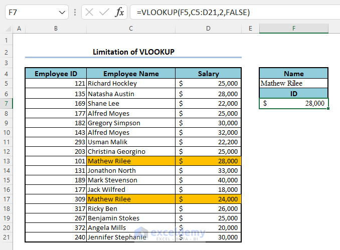 VLOOKUP returns only the first match, if there are multiple matches.