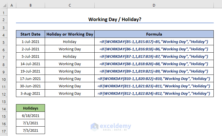 Use of Excel WORKDAY Function to Check Whether a Day Is a Holiday or a Working Day