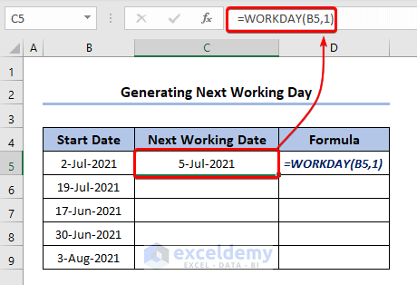 Use WORKDAY Function to Generate Next Working Days in Excel