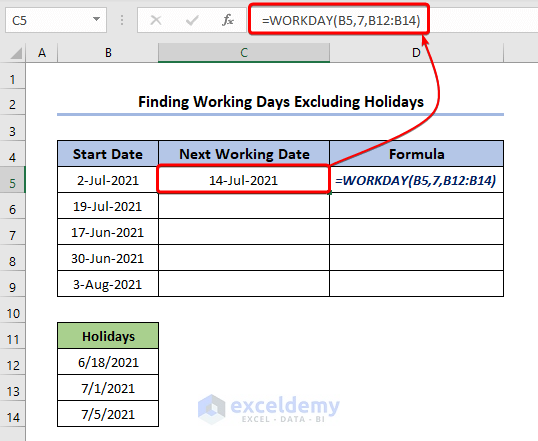 Find Working Days in Excel Excluding Weekends and Holidays Using WORKDAY Function