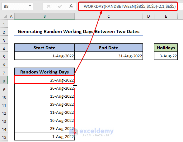 Generate Random Working Days Between Two Days Using WORKDAY and RANDBETWEEN Functions