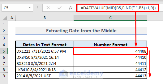 extractng date with datevalue from the middle in excel