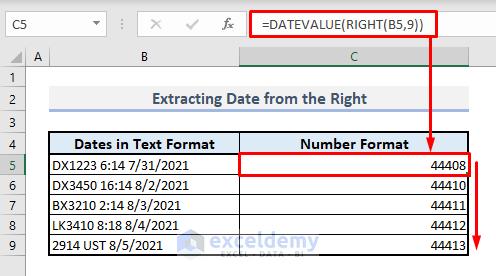 extractng date with datevalue from the right or end in excel