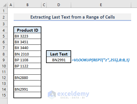extracting last text item in a range of cells with rept function in excel