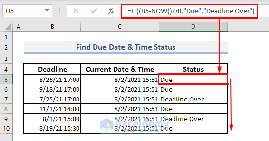 find deadline or due time with now if functions in excel