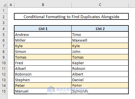 find matches or duplicates in two columns in same row with conditional formatting in excel