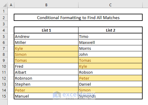 find matches or duplicates in two columns with conditional formatting in excel